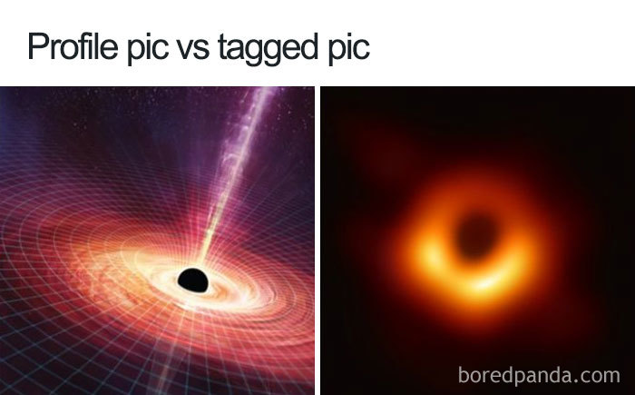 Funny comparison of a sleek black hole illustration vs the first actual black hole image.