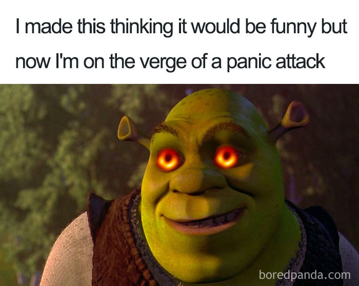 Shrek with glowing eyes and a humorous caption about making something funny, referencing black hole reactions.