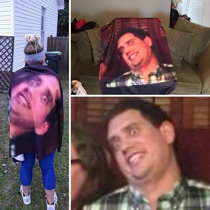 My Wife Hates This Picture Of Me, So Naturally I Made It Into A Blanket For Her As A Valentine’s Gift