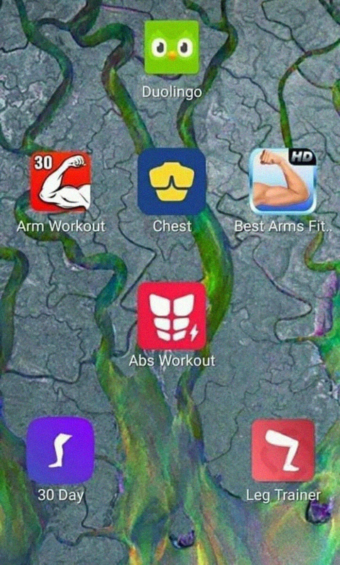 Duolingo app icon among various workout apps, creating a humorous meme contrast.
