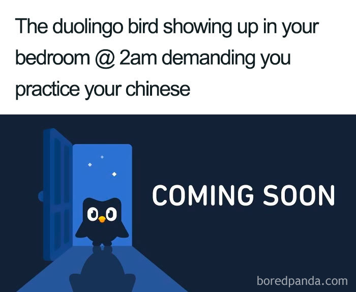 Duolingo meme: Owl appearing at bedroom door at 2am, urging Chinese practice.