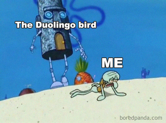 Squidward meme with "The Duolingo bird" chasing "ME," depicting a funny Duolingo scenario.