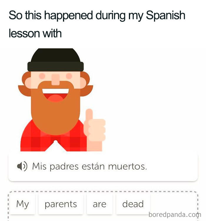 Duolingo meme featuring a bearded character with a humorous Spanish lesson text about family.