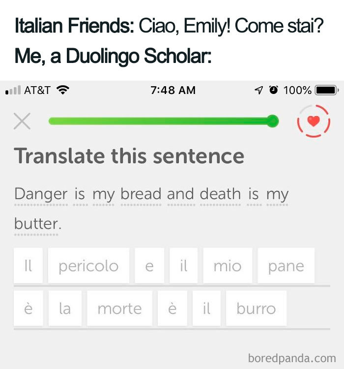 Screenshot of a humorous Duolingo meme showing a translation error with funny text.