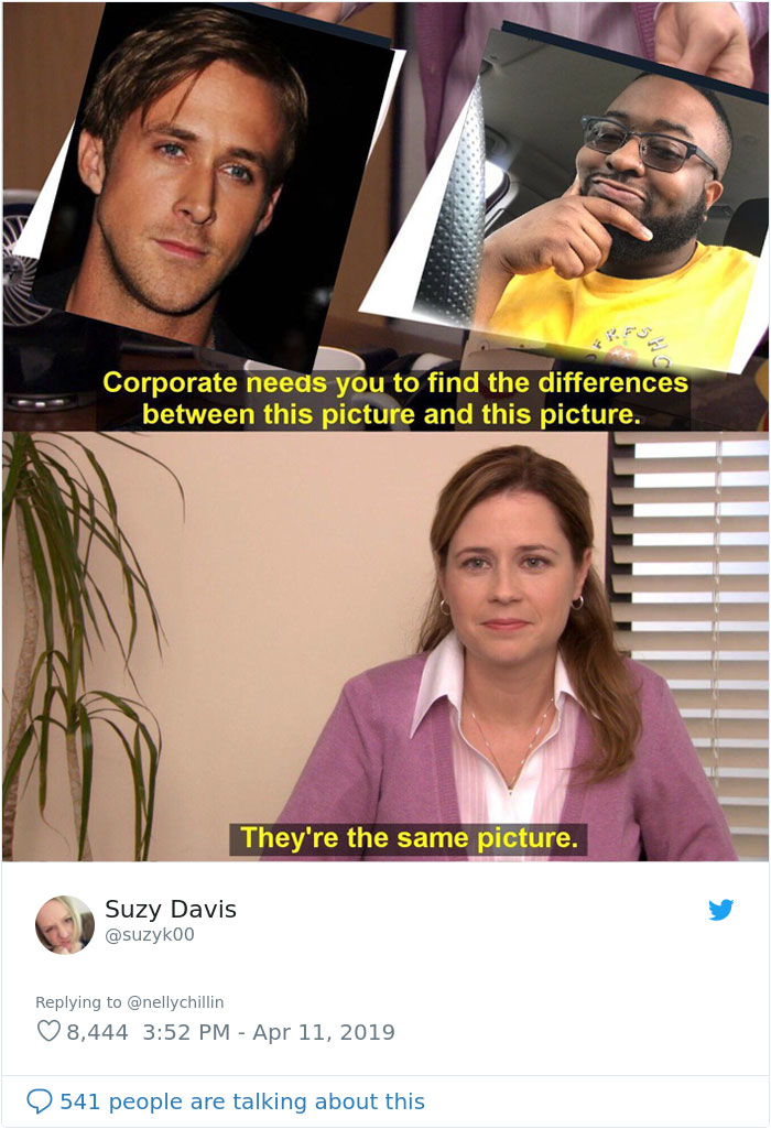 Man compares himself to Ryan Gosling in meme format with The Office character saying they look alike. Man compares himself to Ryan Gosling in meme format with The Office character saying they look alike.