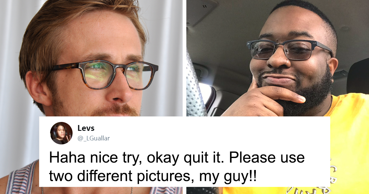 Side-by-side photos of two men wearing glasses with text about a guy saying he looks like Ryan Gosling online