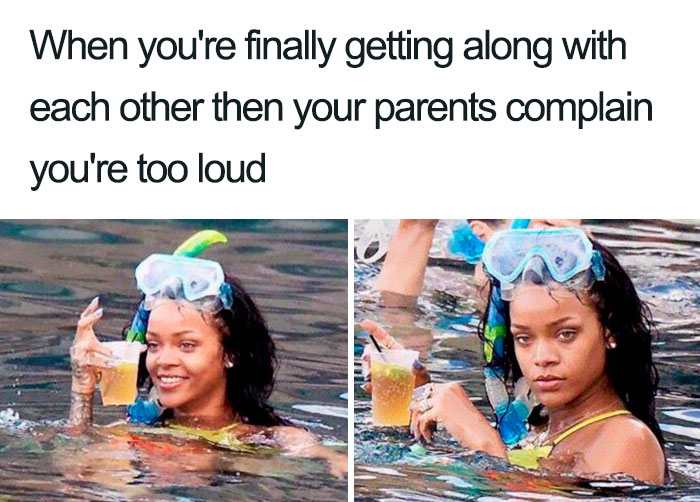 Person swimming with drink and snorkel in a funny sibling meme about being too loud when getting along.