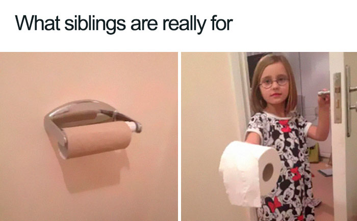 Empty toilet paper holder and sibling meme where a girl hands a new roll.