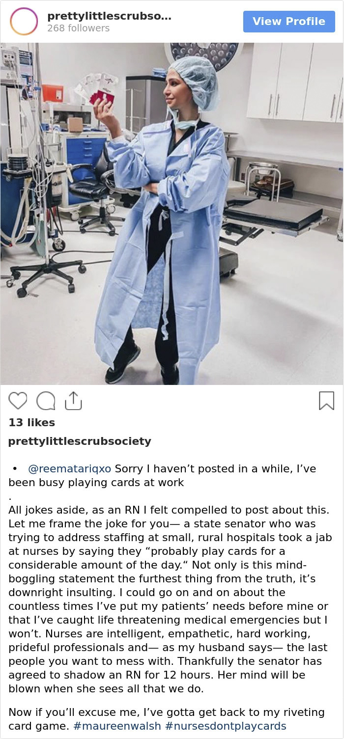 Senator Says Nurses Don’t Need Breaks As They Spend Most Of The Day Playing Cards, Nurses Respond With Sarcastic Pics Senator Says Nurses Don’t Need Breaks As They Spend Most Of The Day Playing Cards, Nurses Respond With Sarcastic Pics