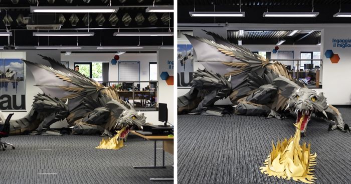 On Monday Morning, We Arrived At Work To Find A Fire-Breathing Dragon Built With 1200 Paper Sheets