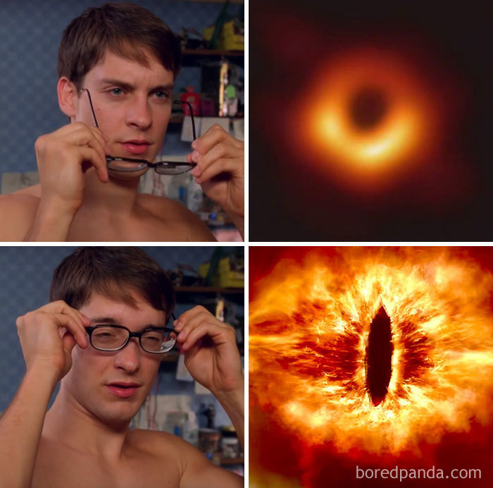 Person comparing two images: the first of a black hole, the second resembling a fiery eye, humorously reacting.