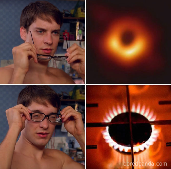 A person changing glasses to see black hole image resembles a stove burner, highlighting funny reactions to black hole.