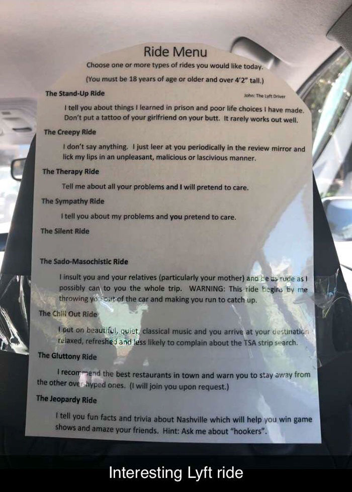 This Lyft Driver Is Taking His Services To A Whole Different Level And Offers Customers A Ride Menu This Lyft Driver Is Taking His Services To A Whole Different Level And Offers Customers A Ride Menu