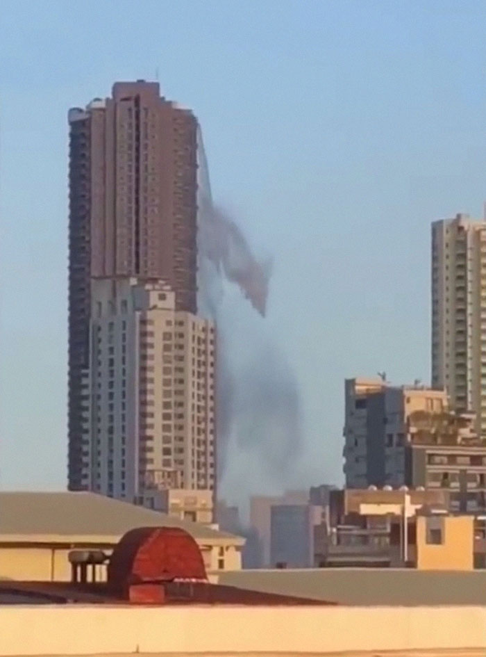 Water Cascades Down From The Rooftop Of A Skyscraper As A 6.1 Magnitude Earthquake Hits Manila