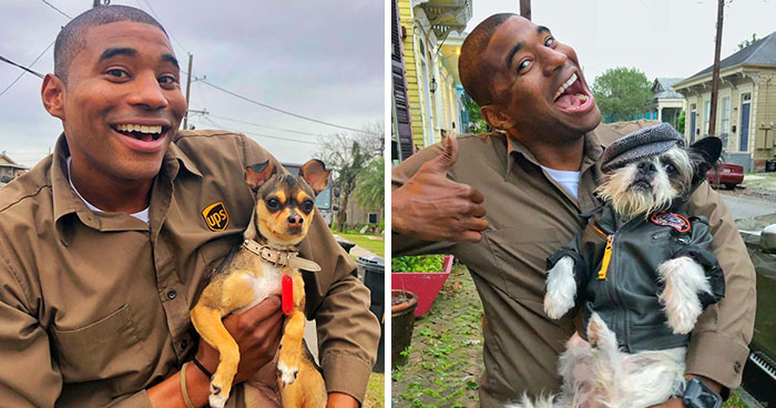 Este conductor de UPS se entretiene en el trabajo fotografiándose con todos los perros que encuentra