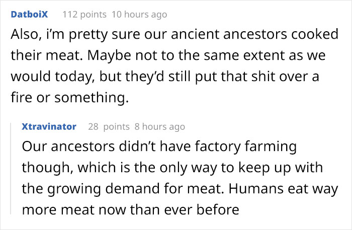 Vegan Asks People To Try Hunting Animals And Eating Them Raw In Order To See How Unnatural It Is For Humans, Gets Roasted Badly Vegan Asks People To Try Hunting Animals And Eating Them Raw In Order To See How Unnatural It Is For Humans, Gets Roasted Badly