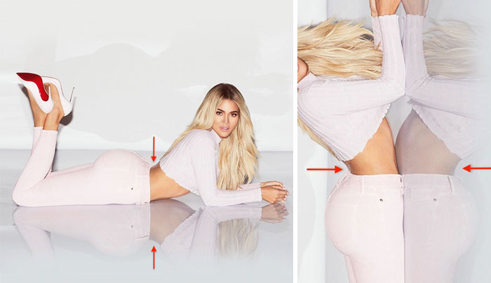 Khloe posing wearing white clothes (left), arrow showing a photoshopped waist (right)