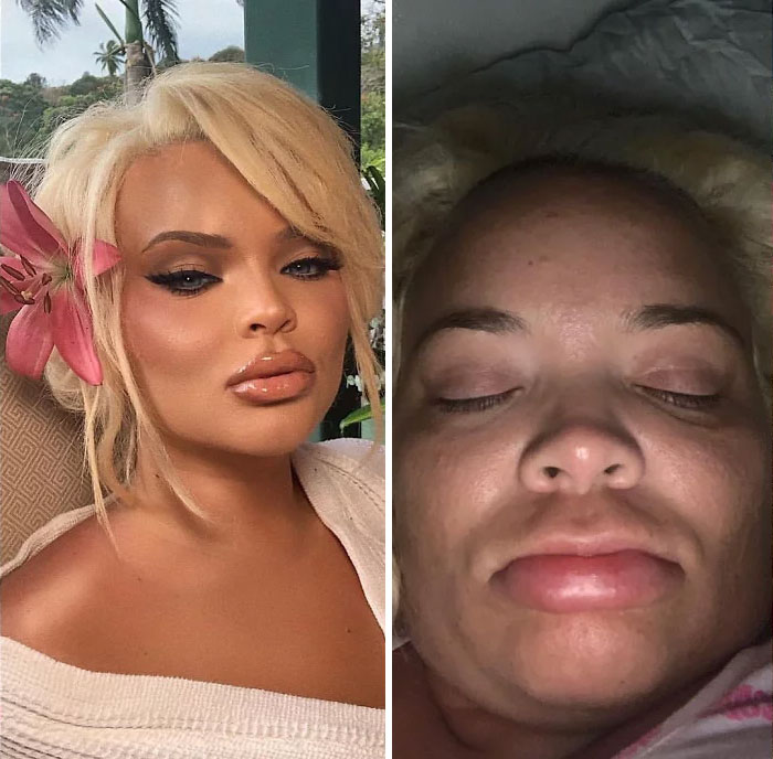 woman wearing makeup (left), woman sleeping without makeup (right)