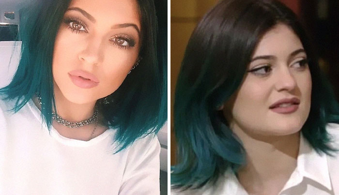 Kylie making selfie (left), Kylie talking in the video (right)