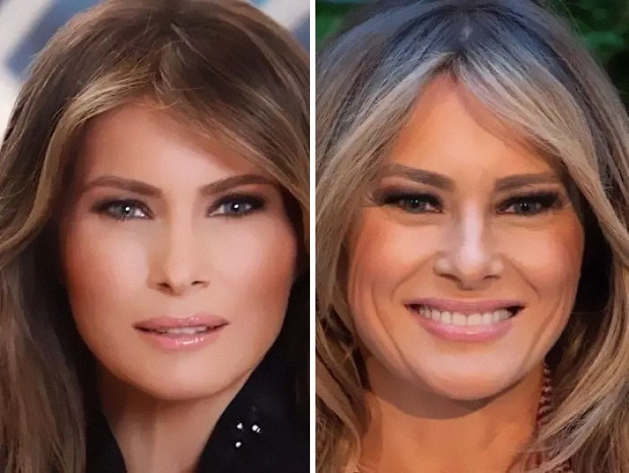 Melania's photoshopped face (left), Melania's face without photoshop (right)