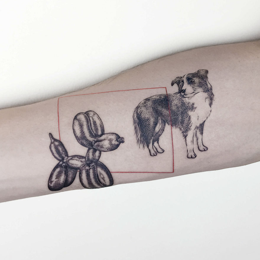 Geometric tattoo featuring a dog and a balloon animal design on an arm.