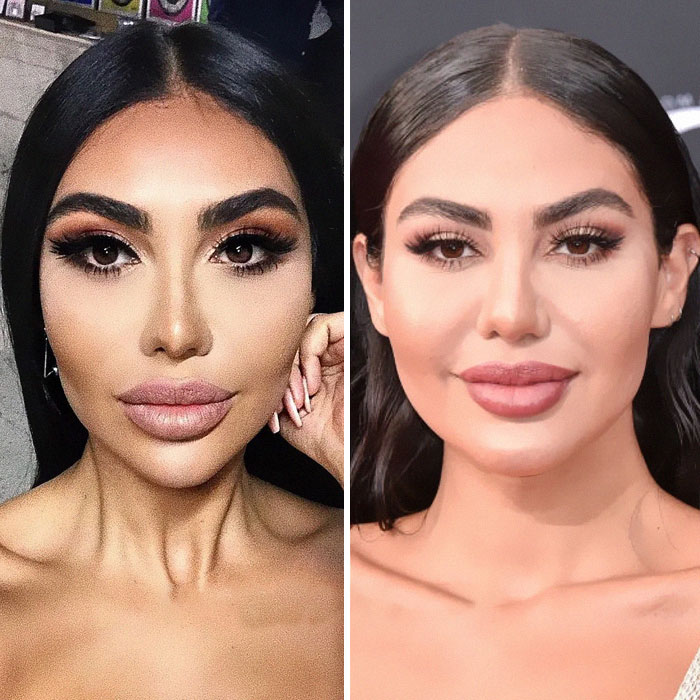 a woman taking a selfie (left), woman wearing makeup (right)