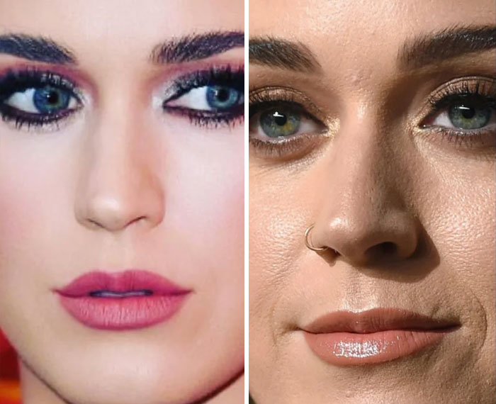 Katy Perry photoshopped face (left), Katy Perry face without photoshop (right)