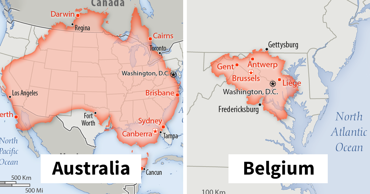 Outline of Australia and Belgium shown with a real scale perspective compared to the United States map locations.