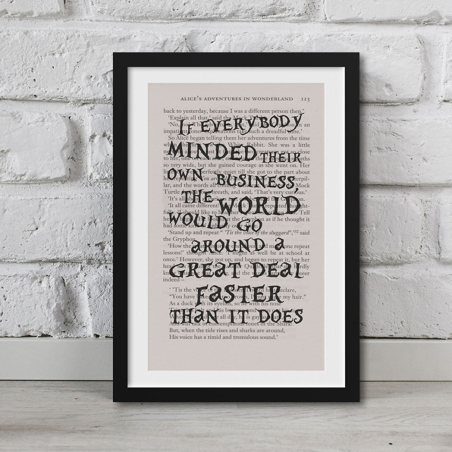 Alice In Wonderland Artwork Printed On Top Of Book Pages