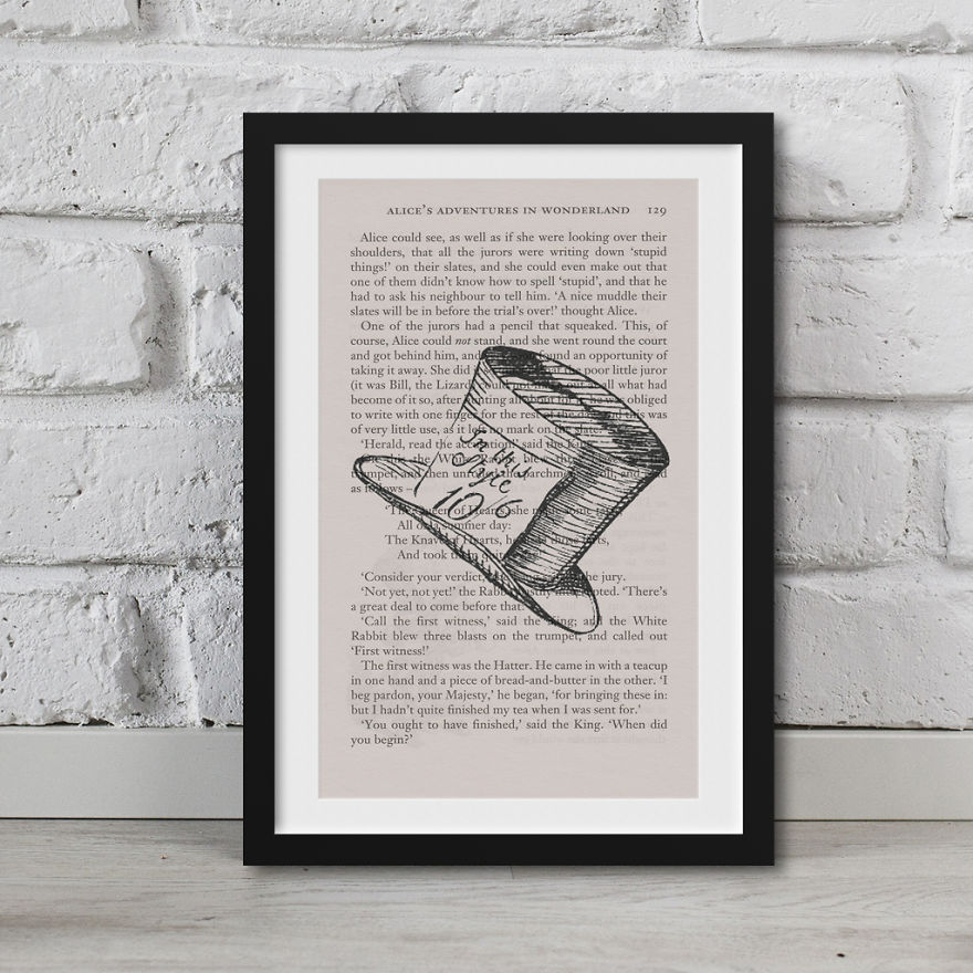 Alice In Wonderland Artwork Printed On Top Of Book Pages