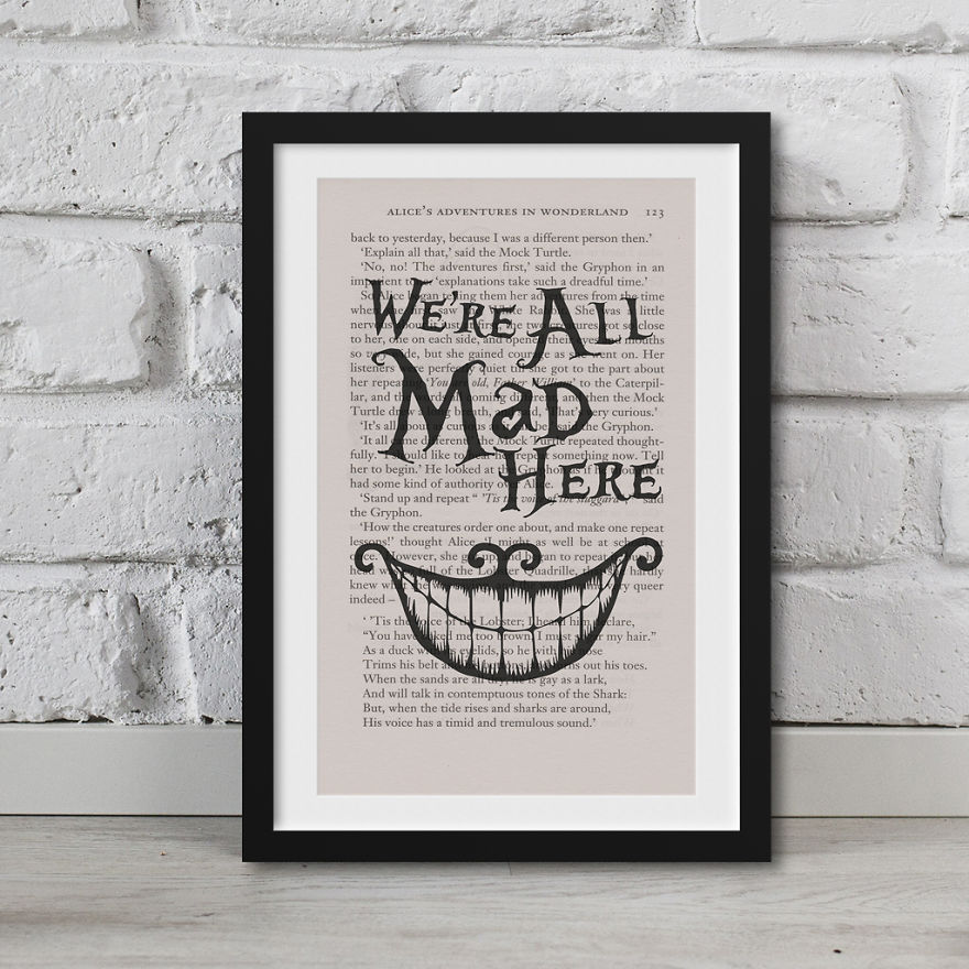 Alice In Wonderland Artwork Printed On Top Of Book Pages