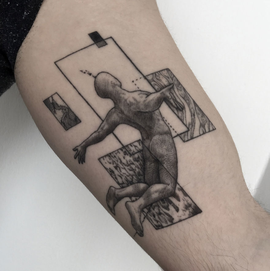 Geometric tattoo design on arm featuring abstract human figure with rectangles, reflecting life events.