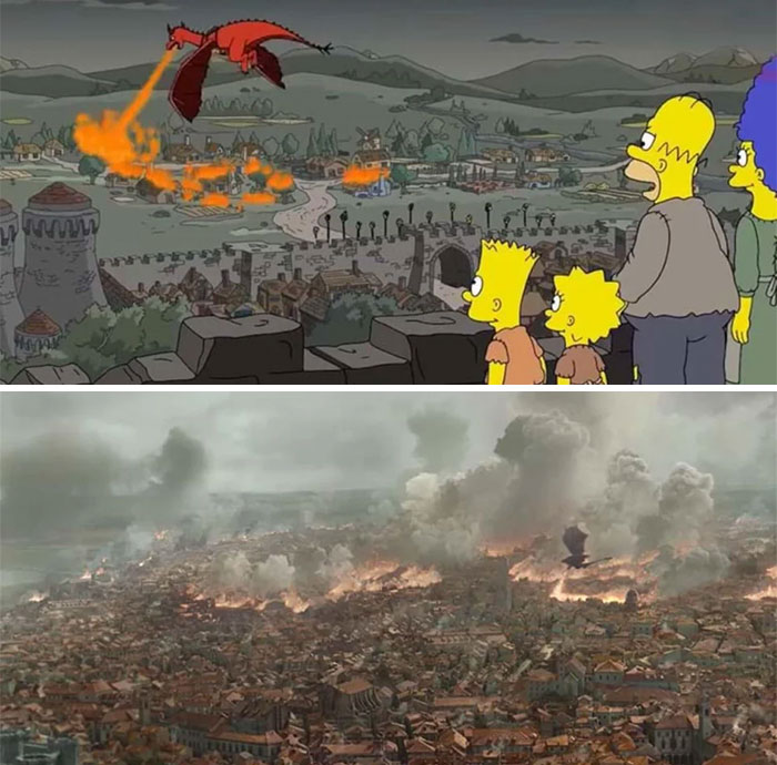 Scene from a cartoon showing a dragon burning a city, illustrating cartoons guessing the future with fire and destruction.