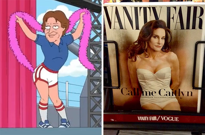 Cartoon prediction of future events compared to a real magazine cover photo showing a notable transformation.