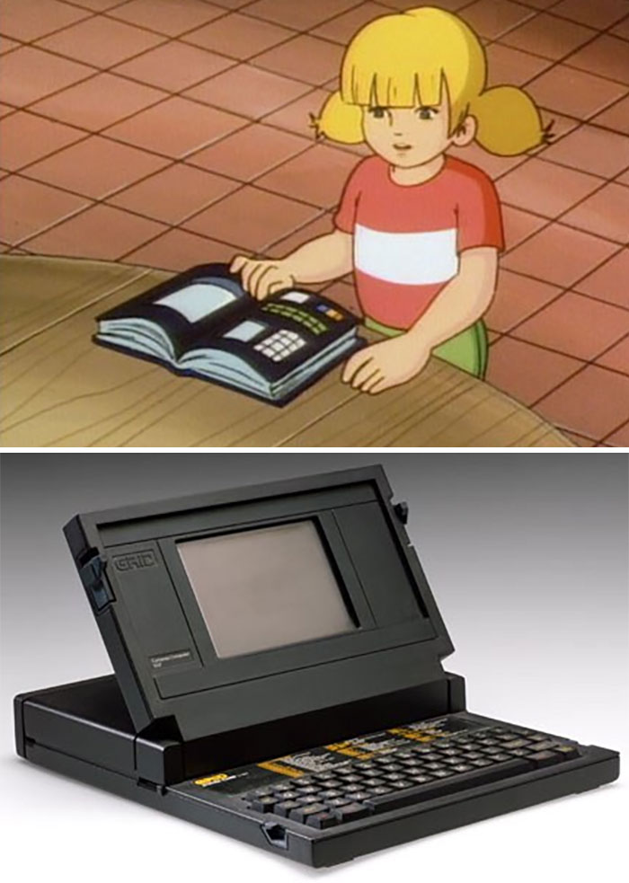 Cartoon illustration predicting future technology shown alongside an early portable computer representing future concepts.