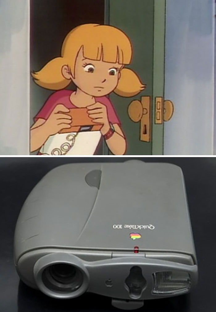 Cartoon girl looking at a handheld device above a vintage Apple QuickTake 100 camera showcasing cartoons guessing the future.