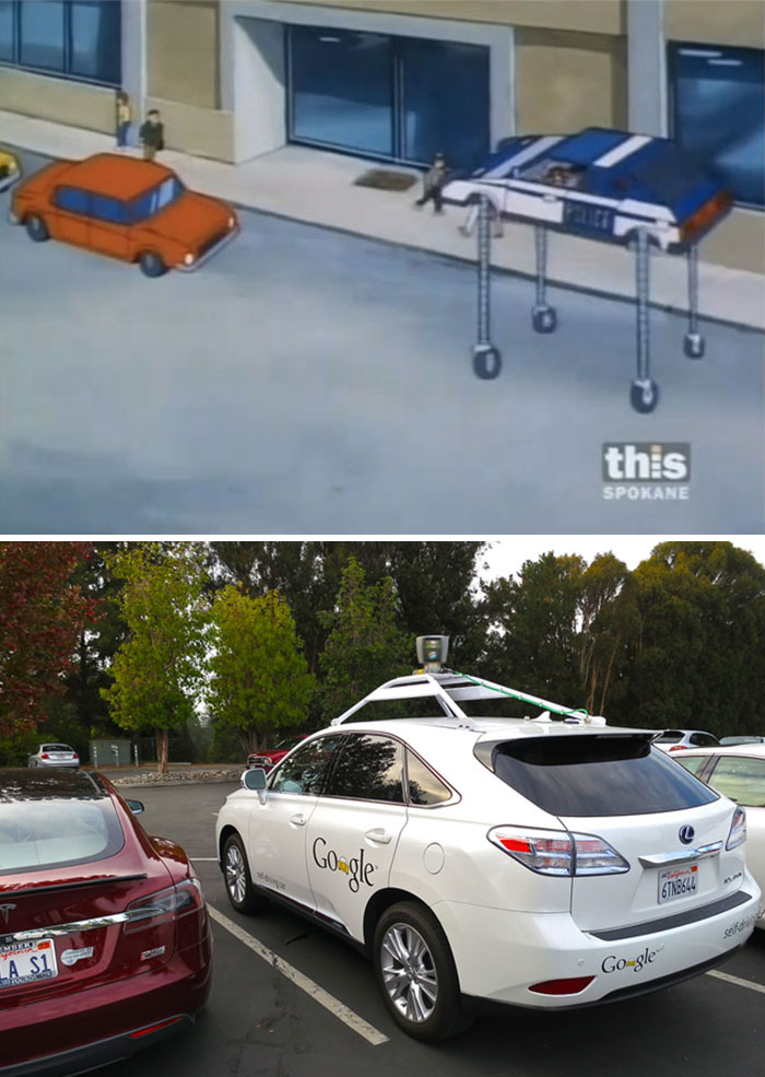 Cartoons imagining future car technology with flying police cars compared to real autonomous Google vehicle.