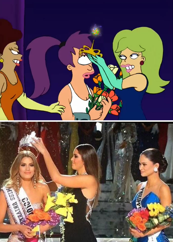 Cartoon scene predicting a pageant crowning mistake followed by a real Miss Universe crowning error moment.