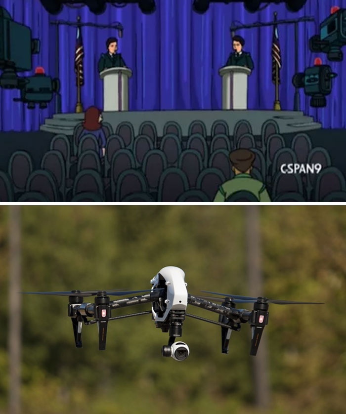 Cartoon depicting a futuristic sky debate with drones, illustrating how cartoons guessed what will happen in the future.