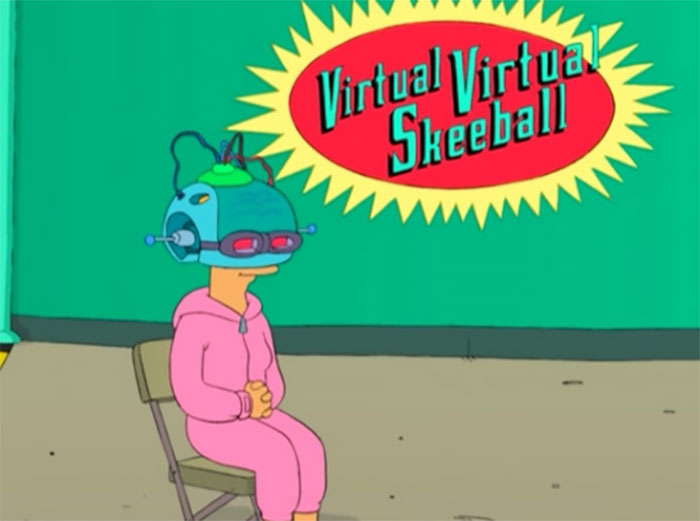 Cartoon character wearing futuristic virtual reality headset playing a game, illustrating cartoons guessing the future.