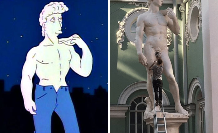 Side-by-side images showing cartoon art and a man cleaning a large statue, illustrating cartoons guessing the future.