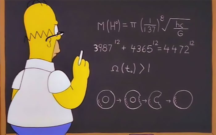 Homer Simpson writing complex equations on a blackboard, illustrating cartoons guessing future scientific concepts.
