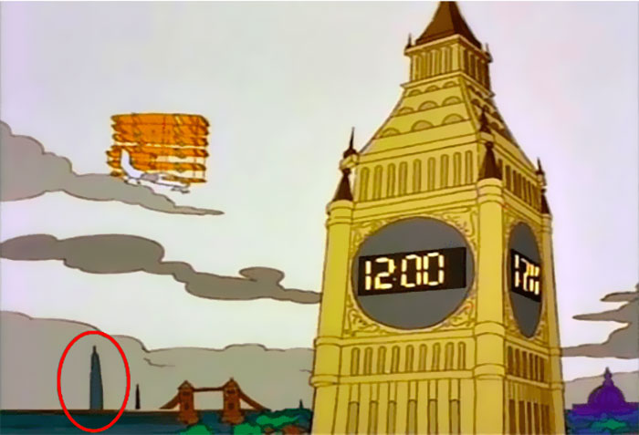 Animated depiction of digital Big Ben clock tower and futuristic floating flag, showcasing cartoons guessing the future.