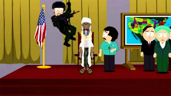 Animated cartoon scene showing a hostage situation with characters, U.S. flag, and a map of the United States.