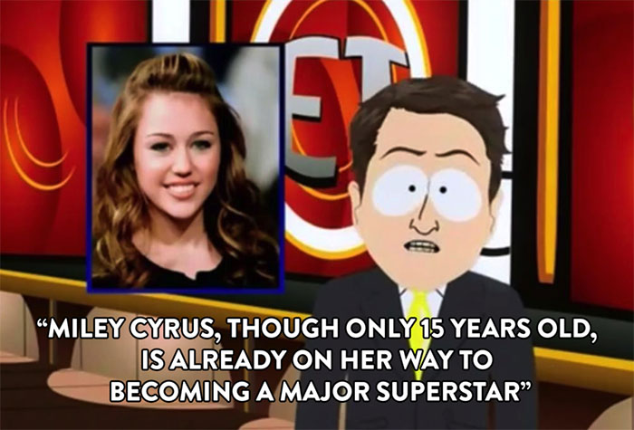 Animated news anchor discussing Miley Cyrus becoming a major superstar, illustrating cartoons guessing the future.