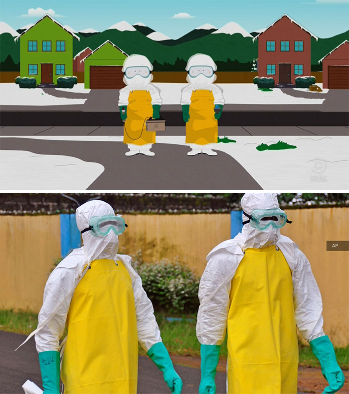 Cartoons guessed what will happen in the future showing characters in protective yellow gear during a health crisis.