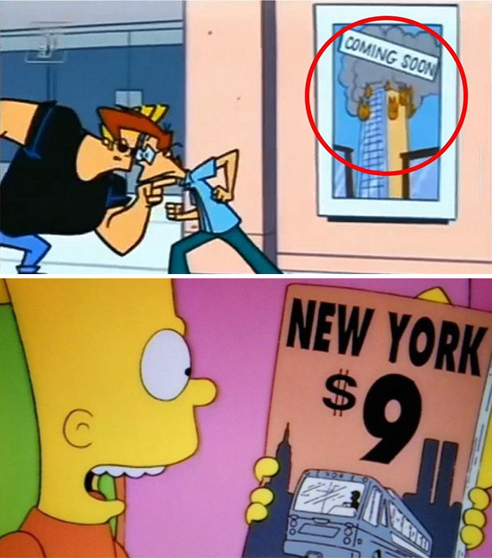 Two cartoon scenes showing futuristic predictions, one with a building explosion poster and another with a cheap New York travel ad.