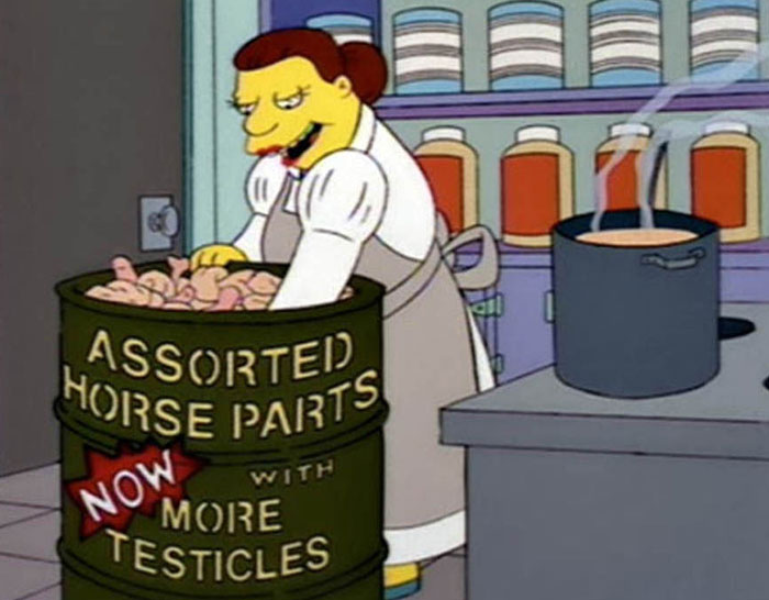 Cartoon character preparing food with a barrel labeled assorted horse parts, depicting cartoons guessing the future.