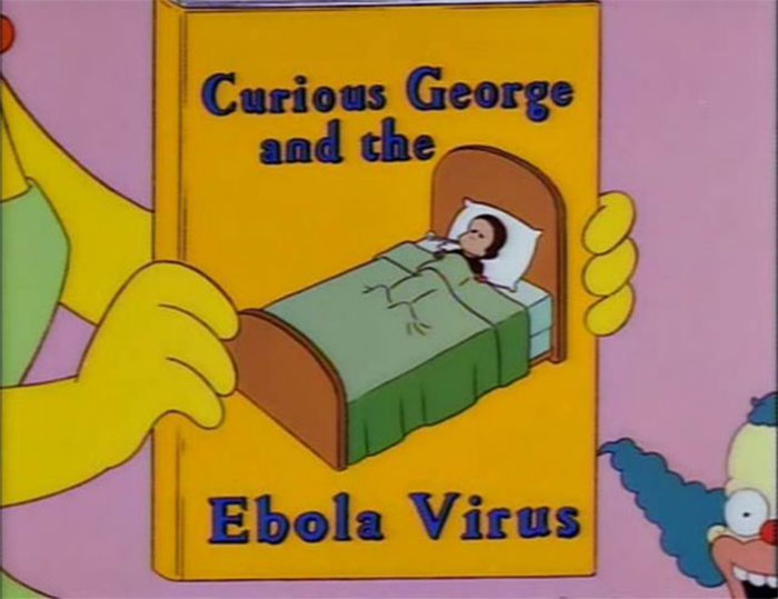 Cartoon book cover showing Curious George sick in bed titled Ebola Virus, illustrating cartoons guessing what will happen in the future.