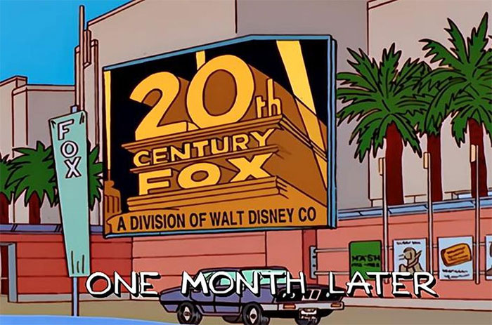 Cartoon image showing 20th Century Fox logo and a car with text one month later, illustrating cartoons guessing the future.